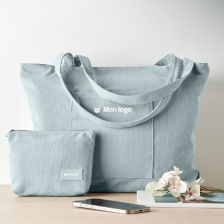 grand sac shopping en velours cotele bleu gris